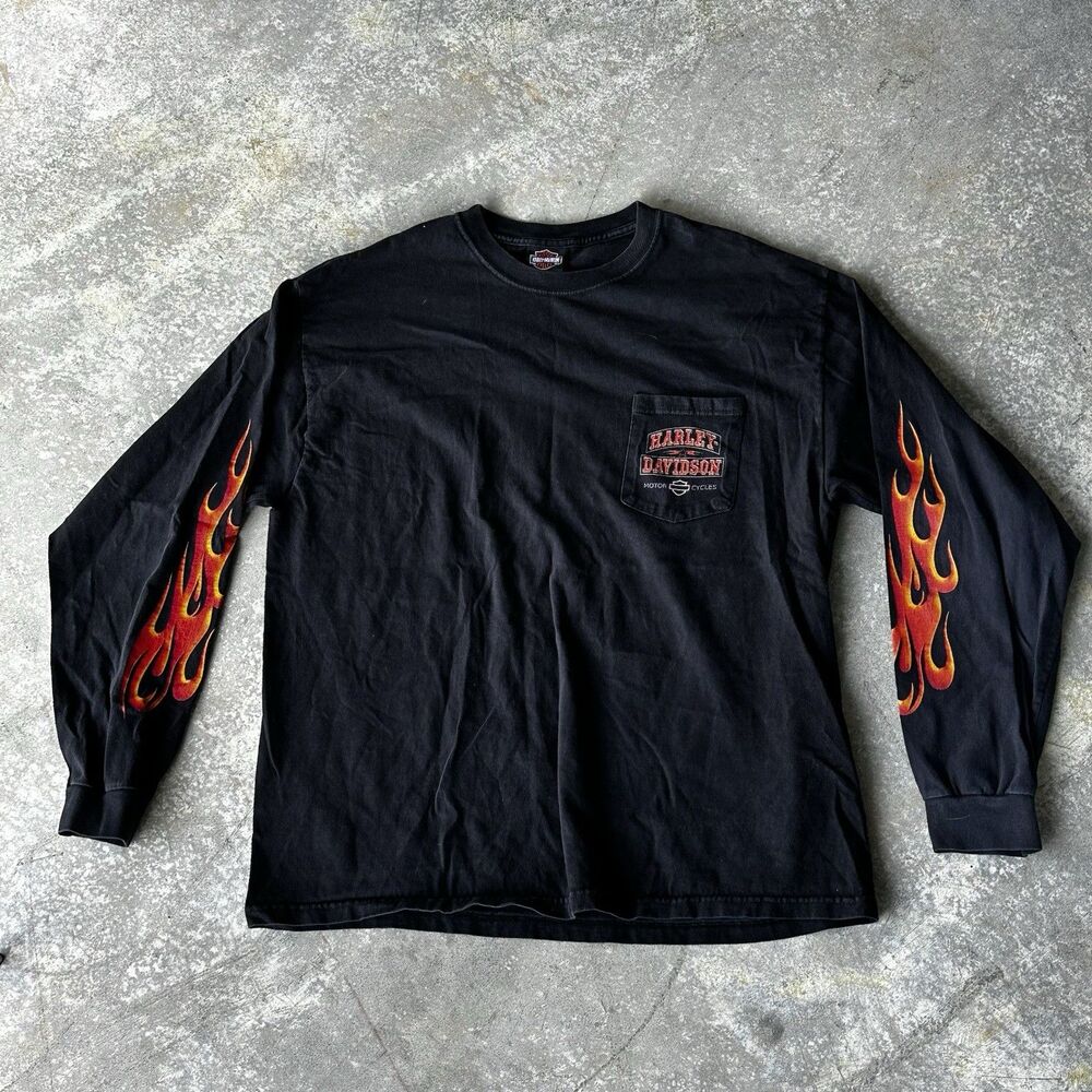 Vintage Harley Davidson Flames Long Sleeve T Shirt Y2K Grunge Gray Mens Size XL